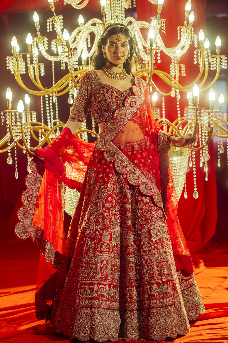 Red with Intricate Gold Detailing Bridal Lehenga