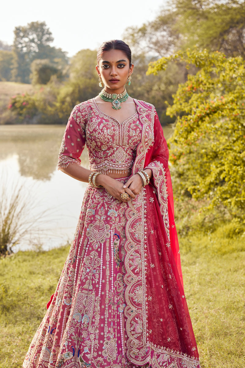Majestic Ruby Pink Bridal Lehenga with Pearl and Thread Embroidery