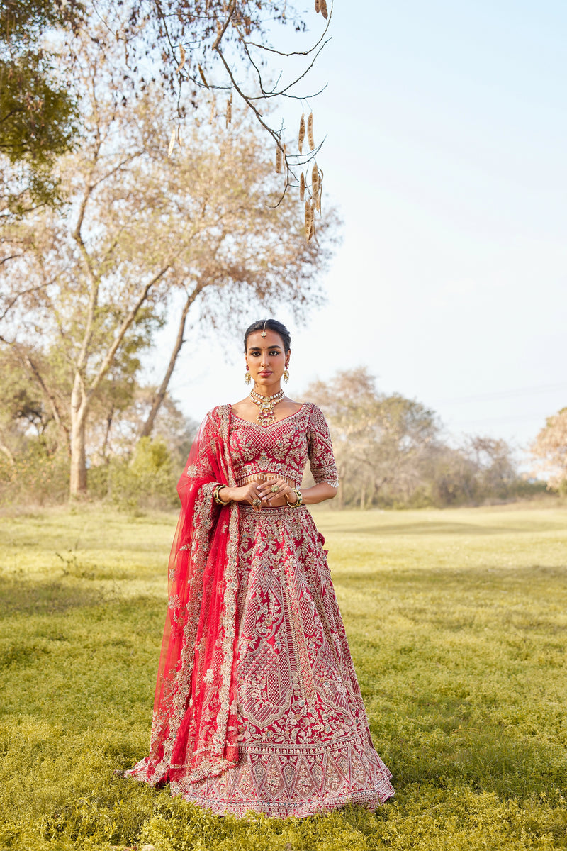 Heritage Red Zardosi Embroidered Bridal Lehenga Set