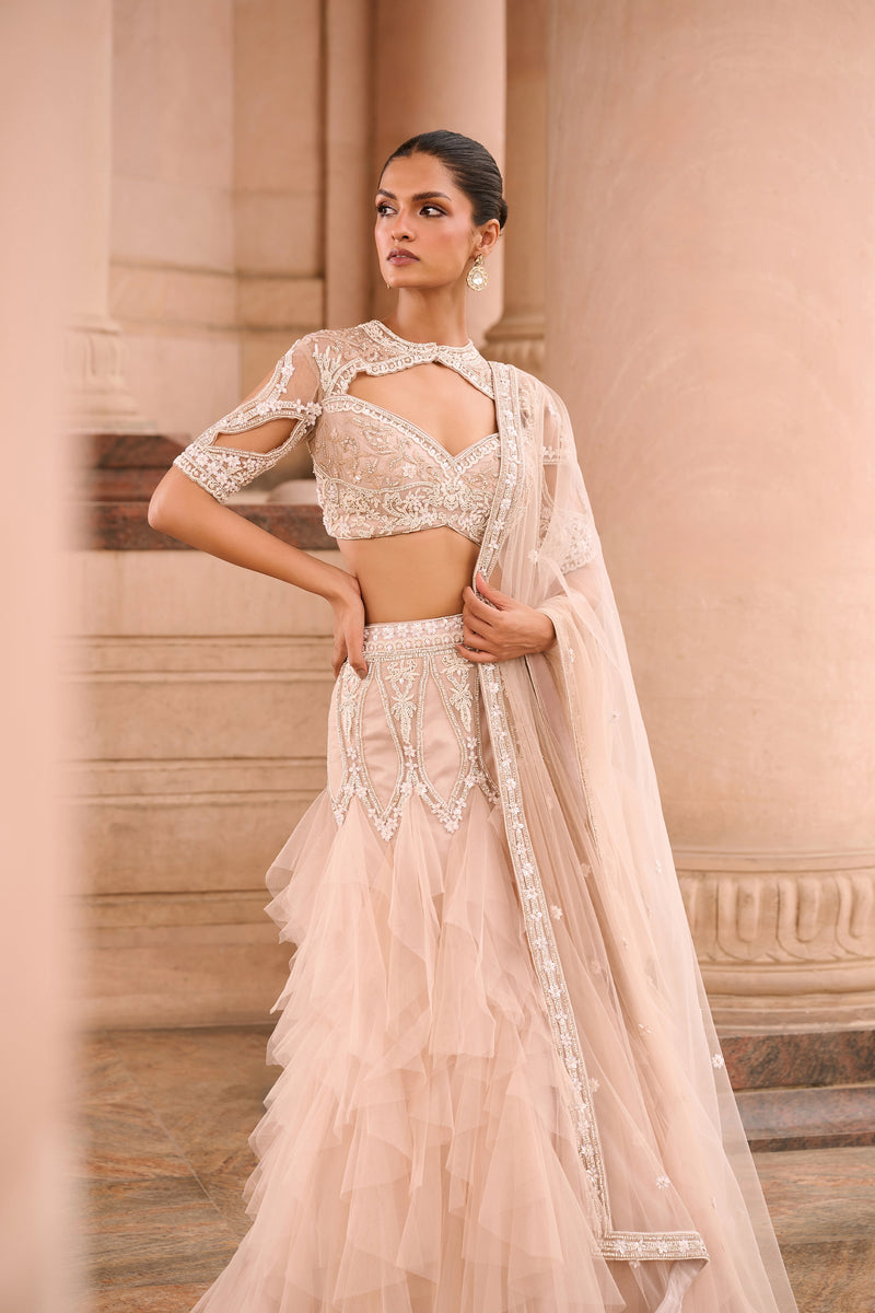 Champagne Ruffle Net Lehenga with Cutwork Blouse and Dupatta