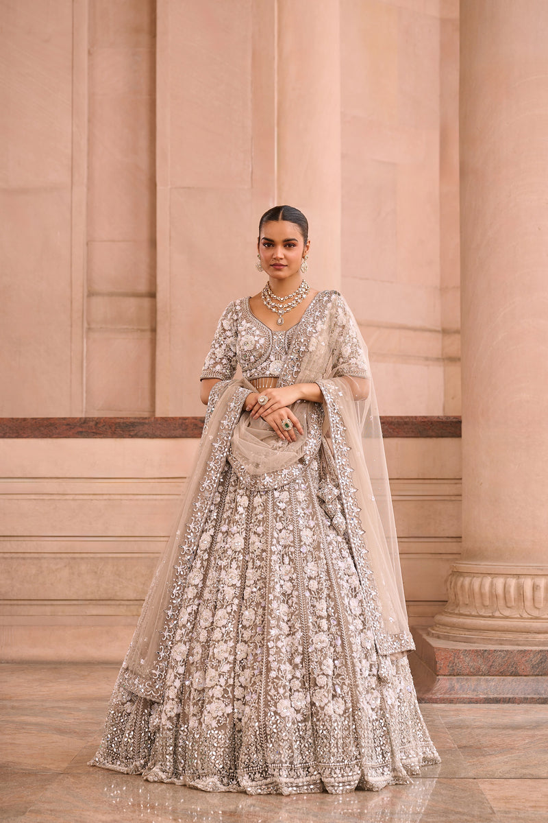 Silver Grey Heavily Embroidered Bridal Lehenga Set