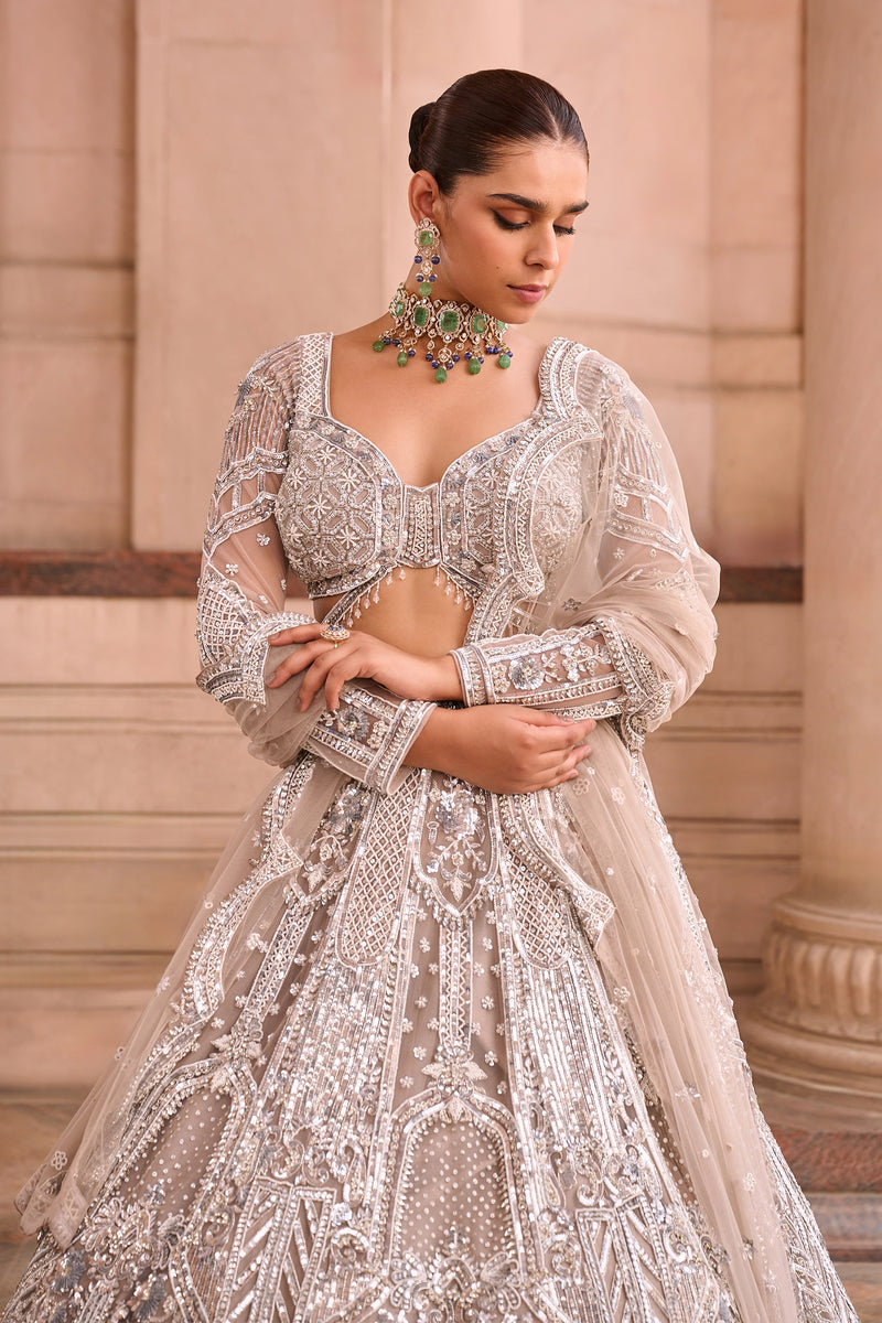 Silver Mirror-Embroidered Couture Lehenga